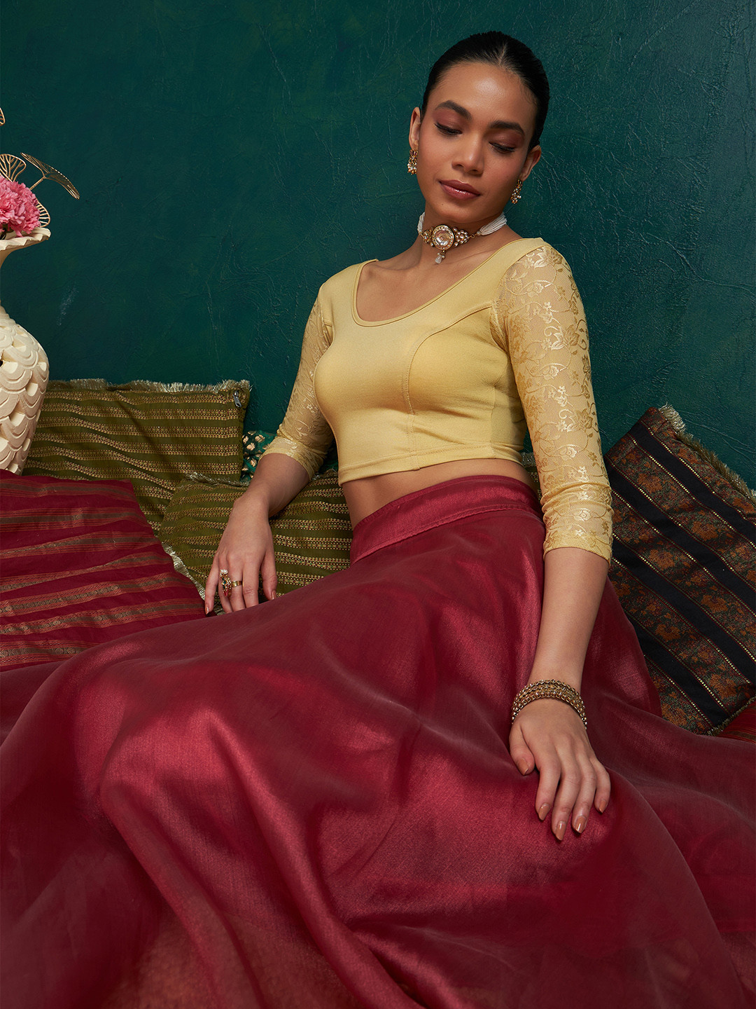 Soch U-Neck Cotton Gold Saree Blouse