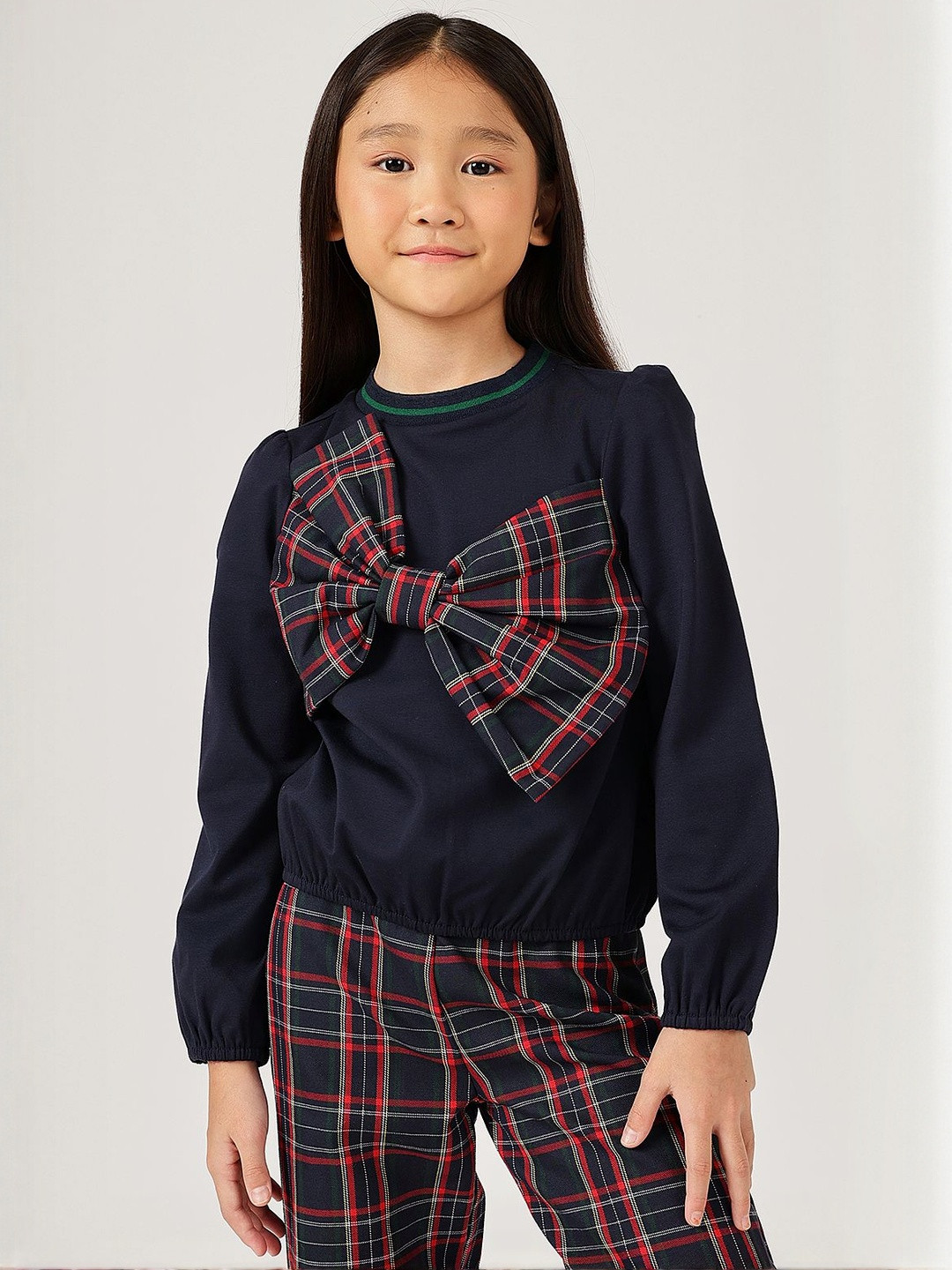 One Friday Girls Navy Blue Bow Round Neck Full Sleeve Top