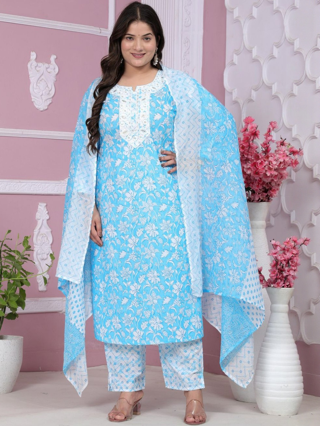 HIGHLIGHT FASHION EXPORT Plus Size Floral Printed Thread Work Pure Cotton Kurta Set