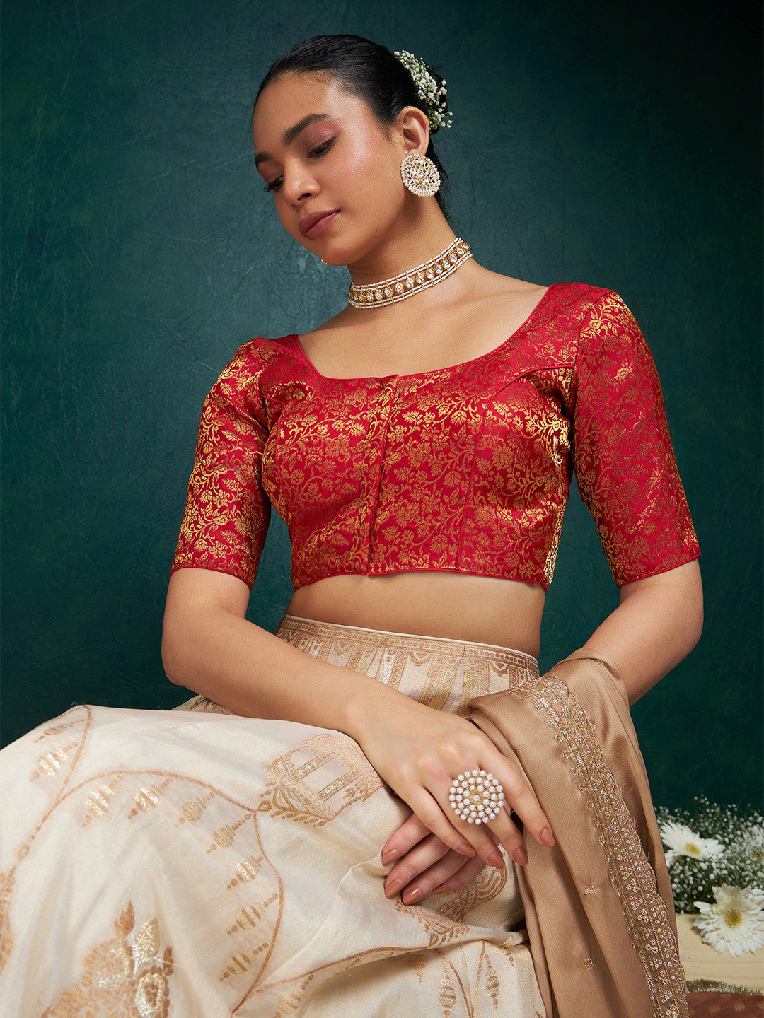 Soch Red Woven Design Silk Saree Blouse