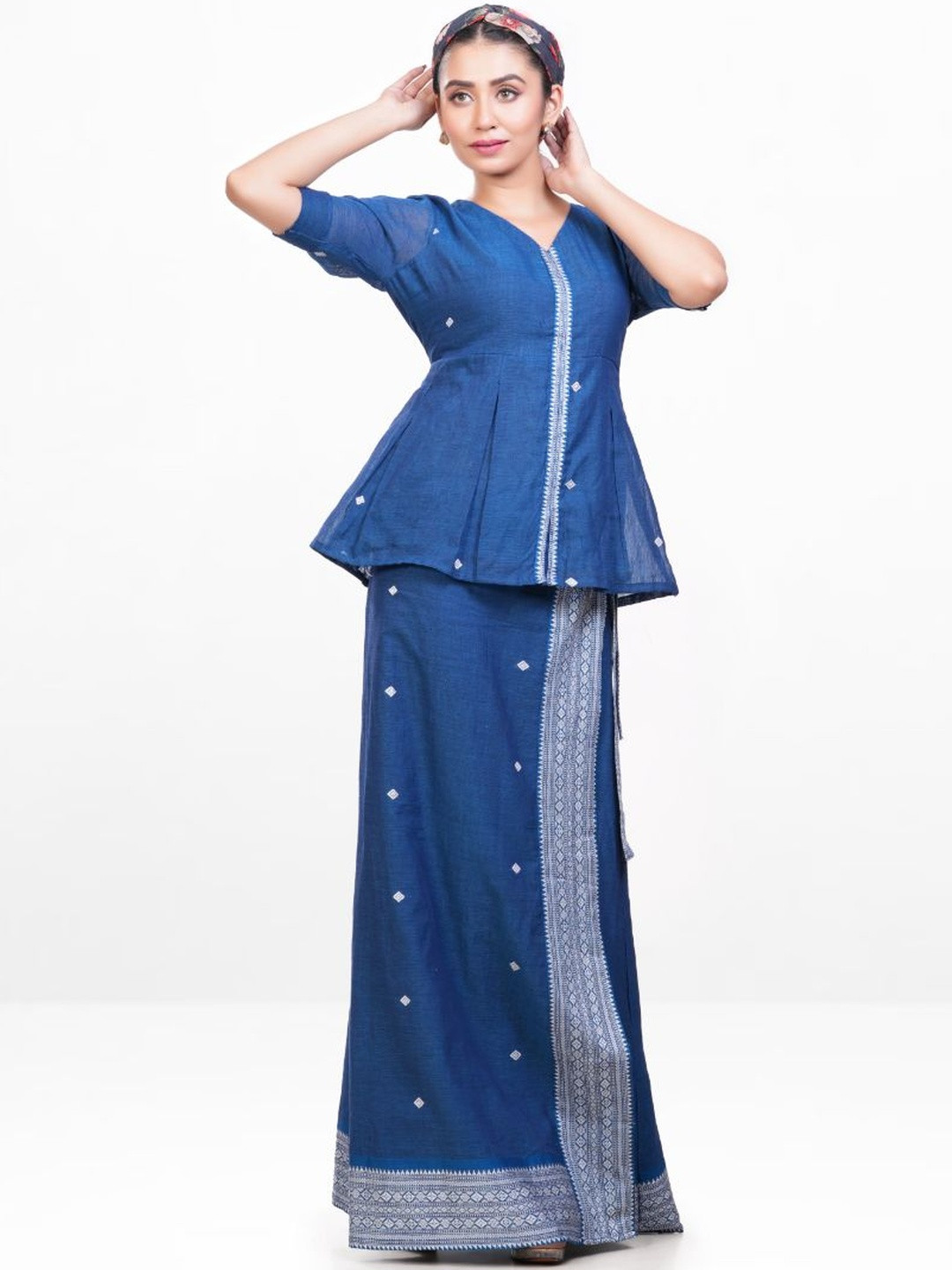 Reshaam Women Ethnic Motifs Embroidered Puff Sleeve Ethnic Cotton Peplum Top