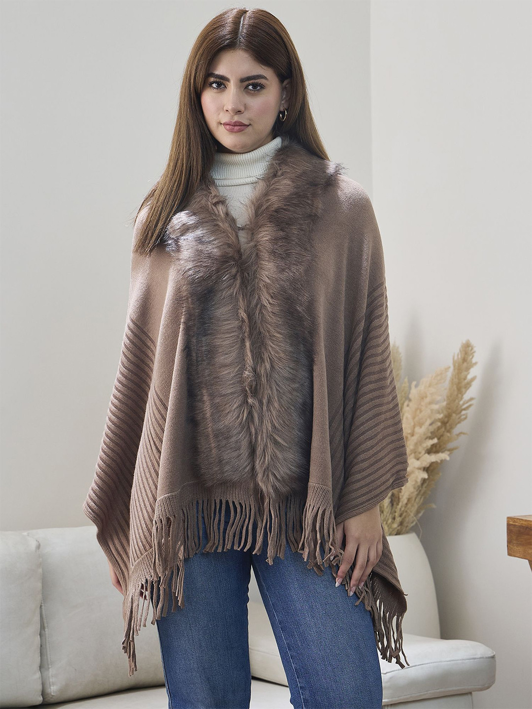 InWeave Women Striped Shawl Collar Poncho with Fuzzy Detail