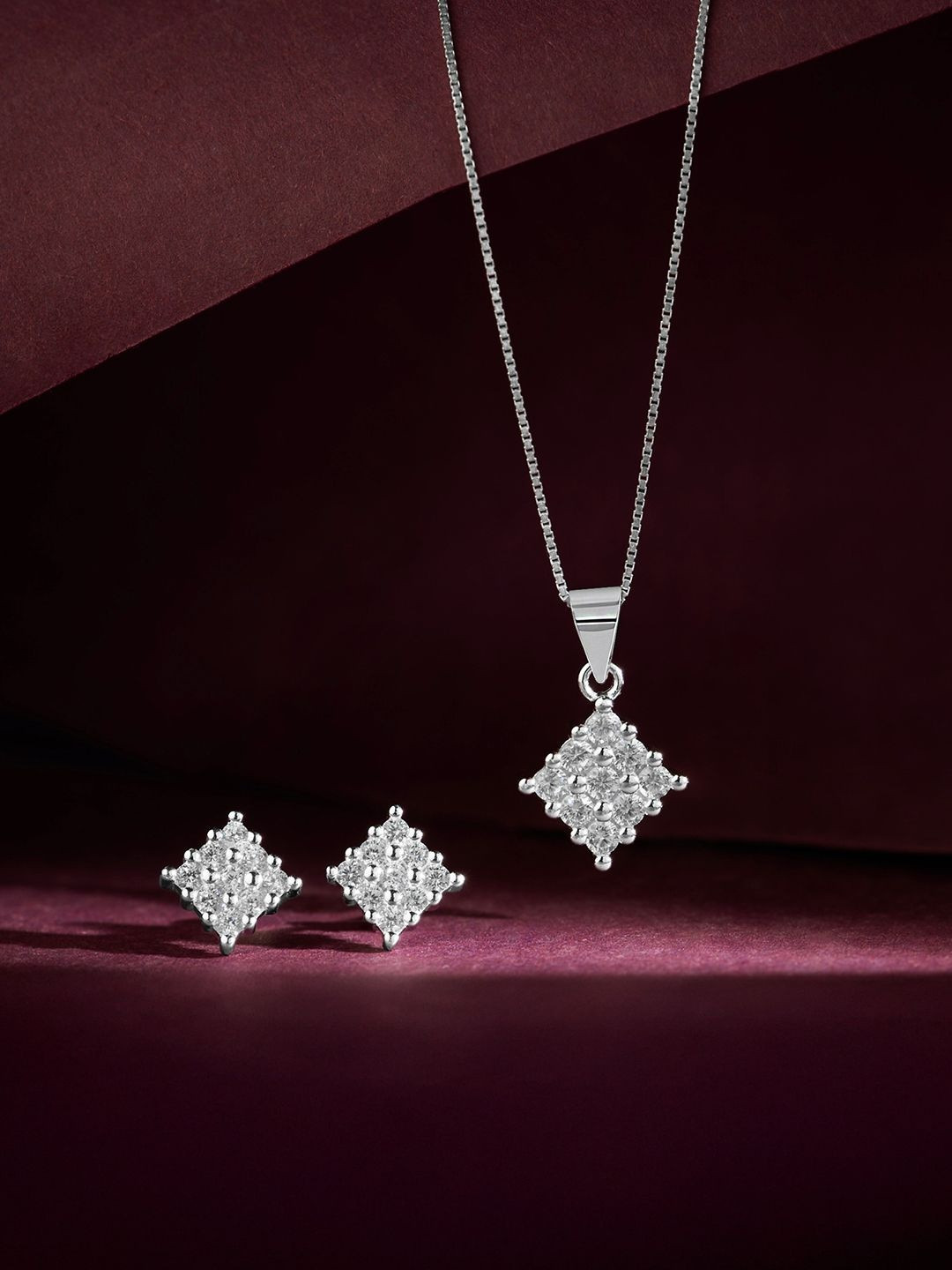 Zavya Luminous Lattice Rhodium Plated Cubic Zirconia-Studded Jewellery Set