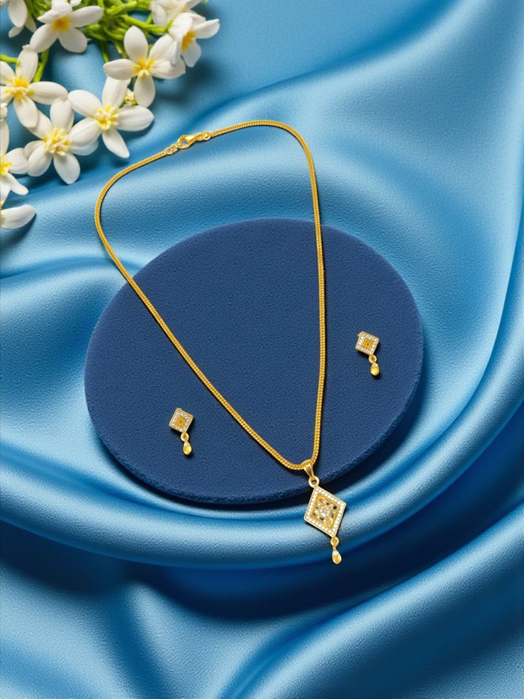 AccessHer Gold Plated Artificial Stones Studded Skin Friendly Square Shaped Jewellery Set