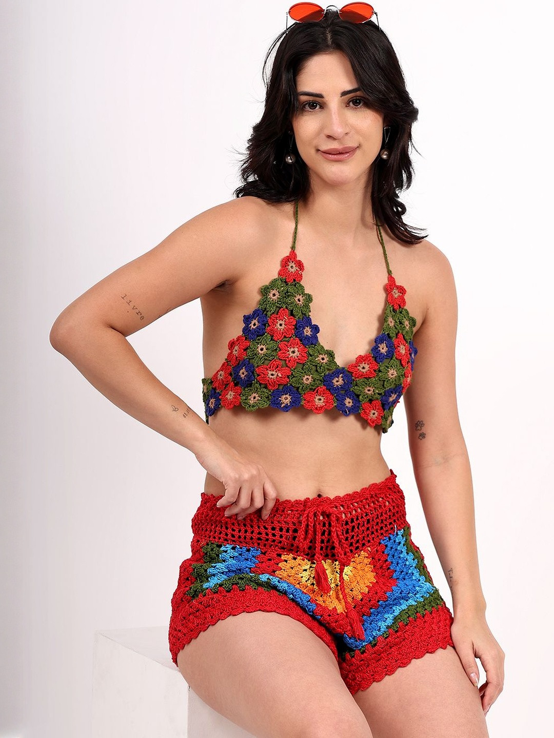 Velvery Women Handmade Crochet Halter Neck Cotton Bralette Crop Top