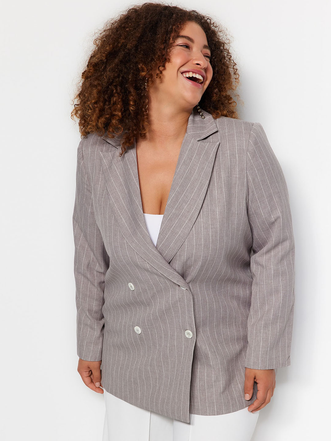 Trendyol Plus Size Striped Longline Double-Breasted Longline Blazers