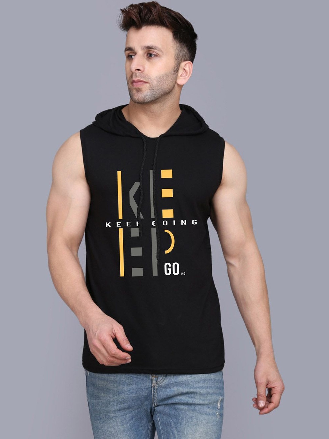 TEEFOX Typography Printed Hooded No Sleeves Cotton T-shirt