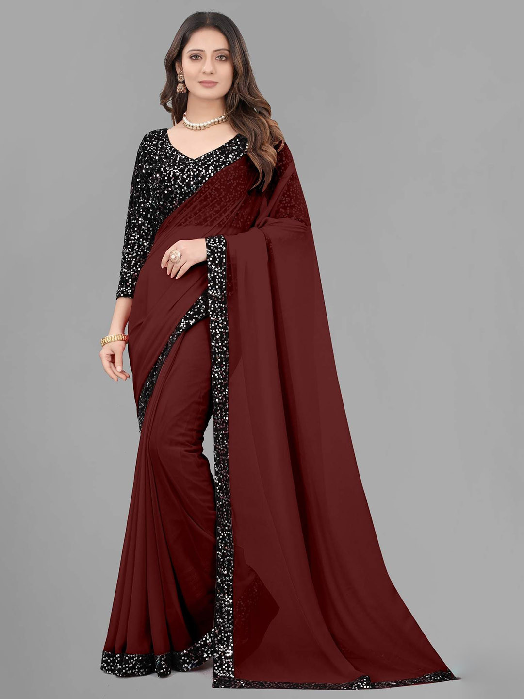 MEAVEN FEB Women Elegant Black Velvet Saree with Designer Sequin Work