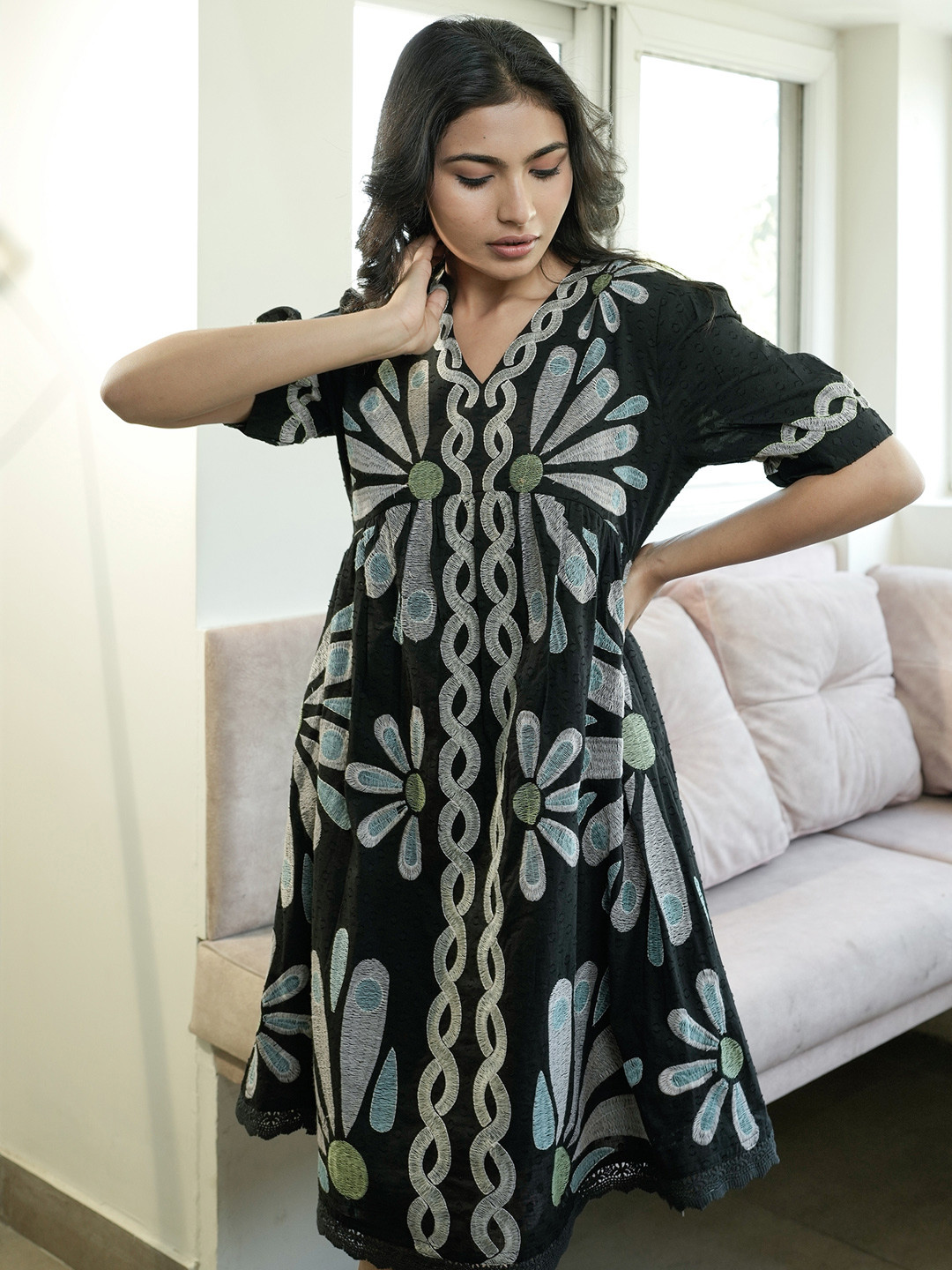 ZUMMER Women Floral Embroidered Knee Length A-Line Dress