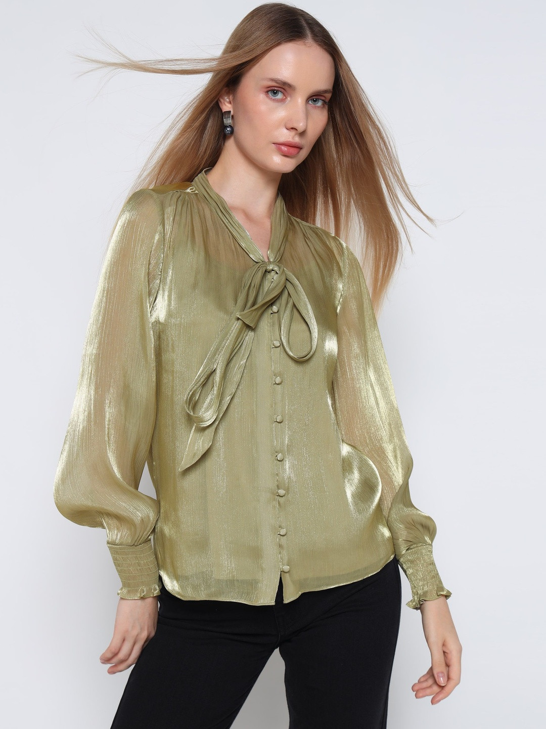 COVER STORY Women Shimmer Tie-Up Neck Bishop Sleeves Boxy Top