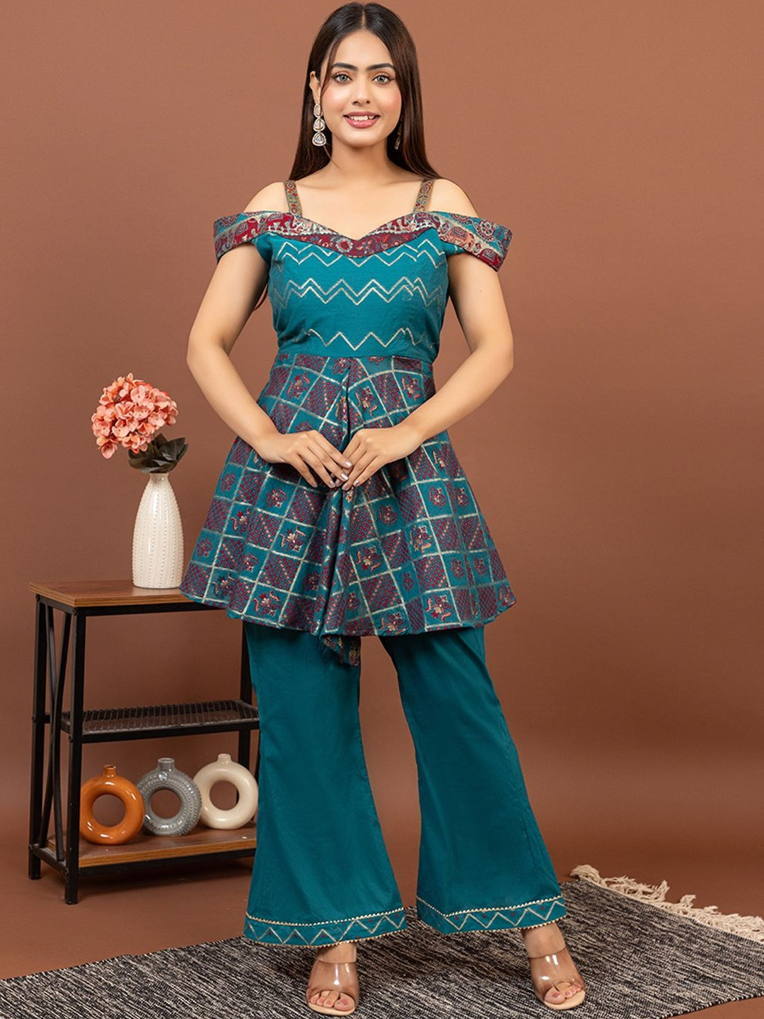 KIDAR Woven Design Off-Shoulder Romantic Florals Tunic & Trousers