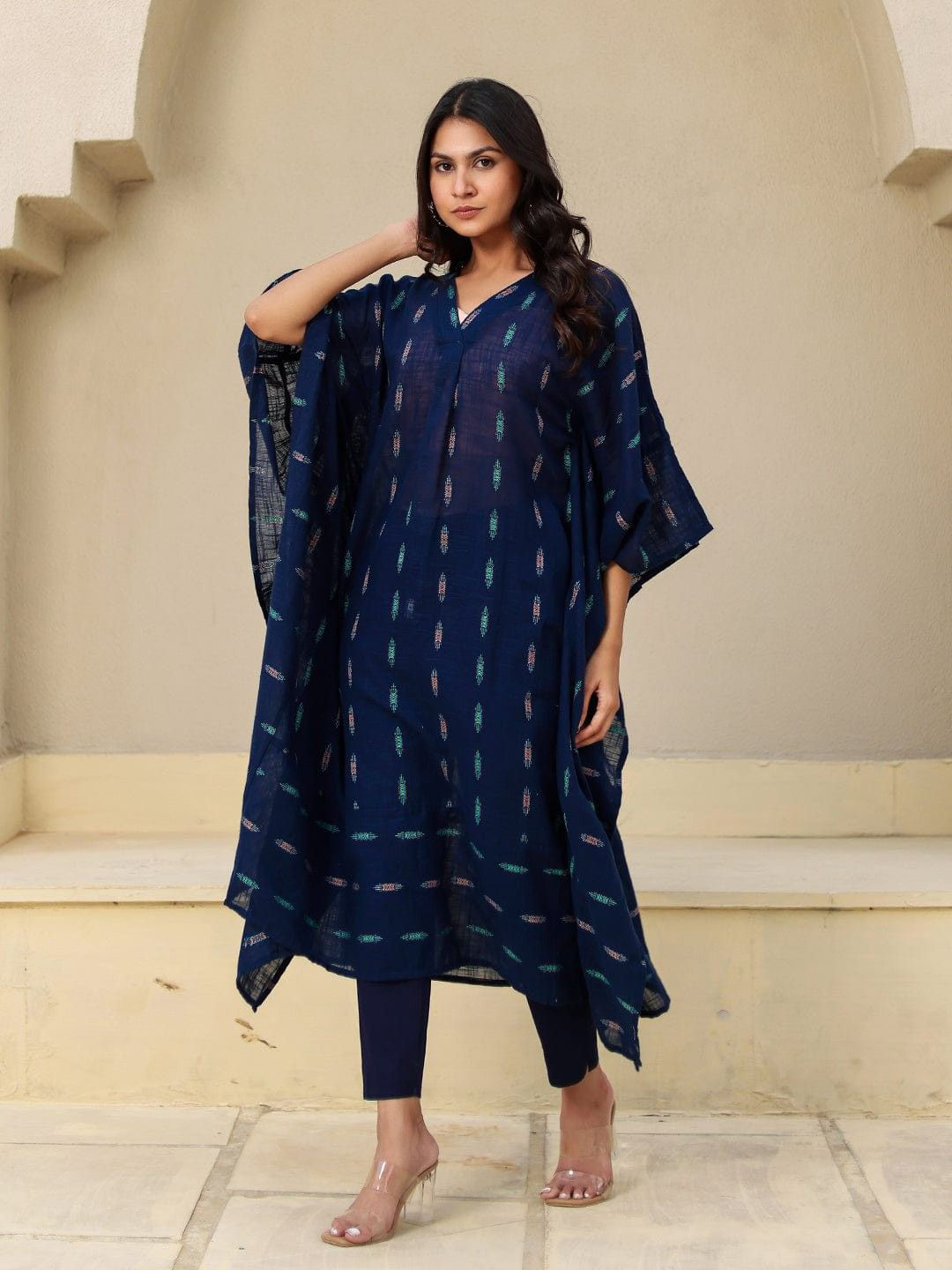 The Kaftan Company Ikat Printed V-Neck Flared Sleeves Cotton Kaftan Kurta