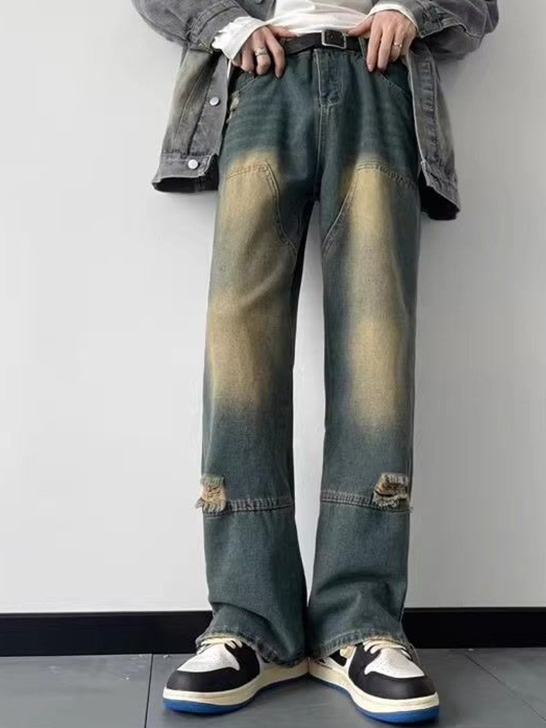 StyleCast Men Wide Leg Low Distress Acid Wash Mid-Rise Jeans