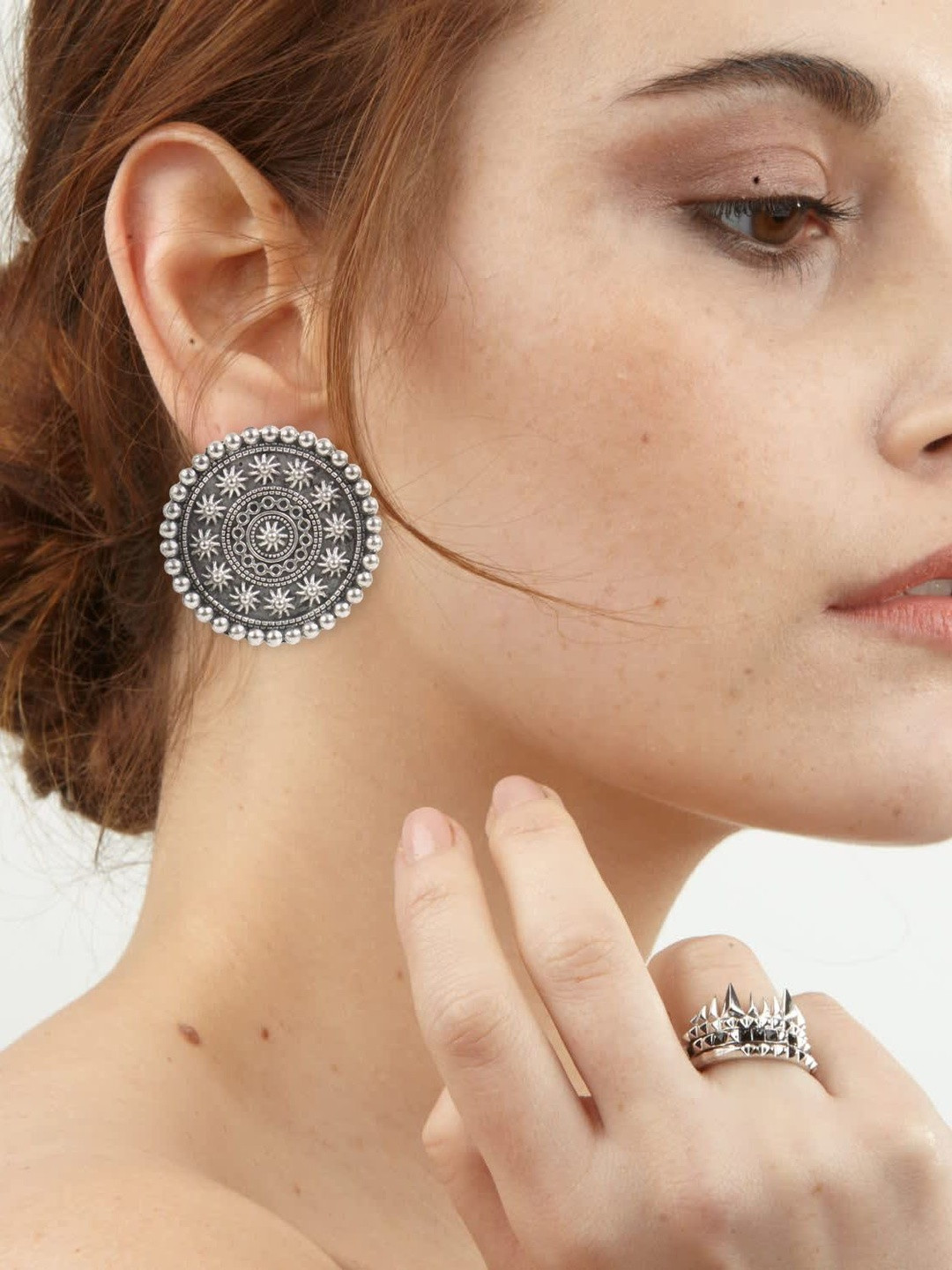 KRENOZ Silver-Plated Antique Mirror Work Circular Studs