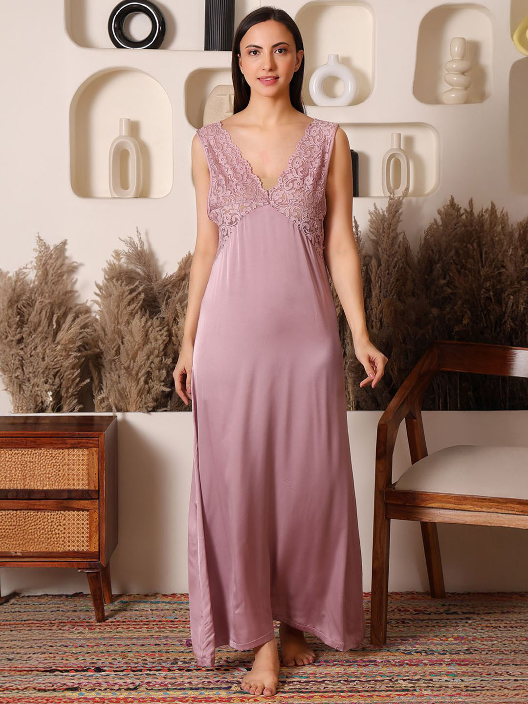 HOUSE OF ELORRA Women Lace Sleeveless Satin Maxi Nightdress