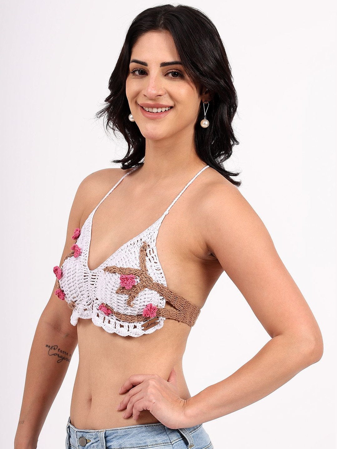 Velvery Women Tie-Up Neck Bohemian Cotton Crochet Floral Branches Bralette Top