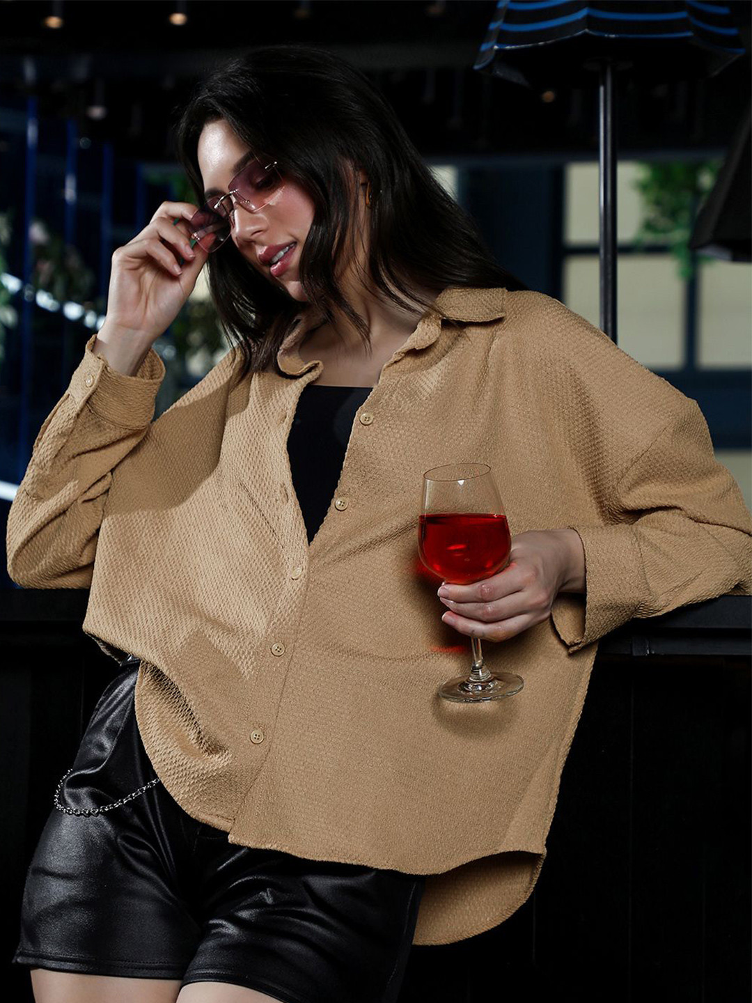 PINACOLADA Comfort Spread Collar Textured Oversized Hive-Tactile Casual Shirt