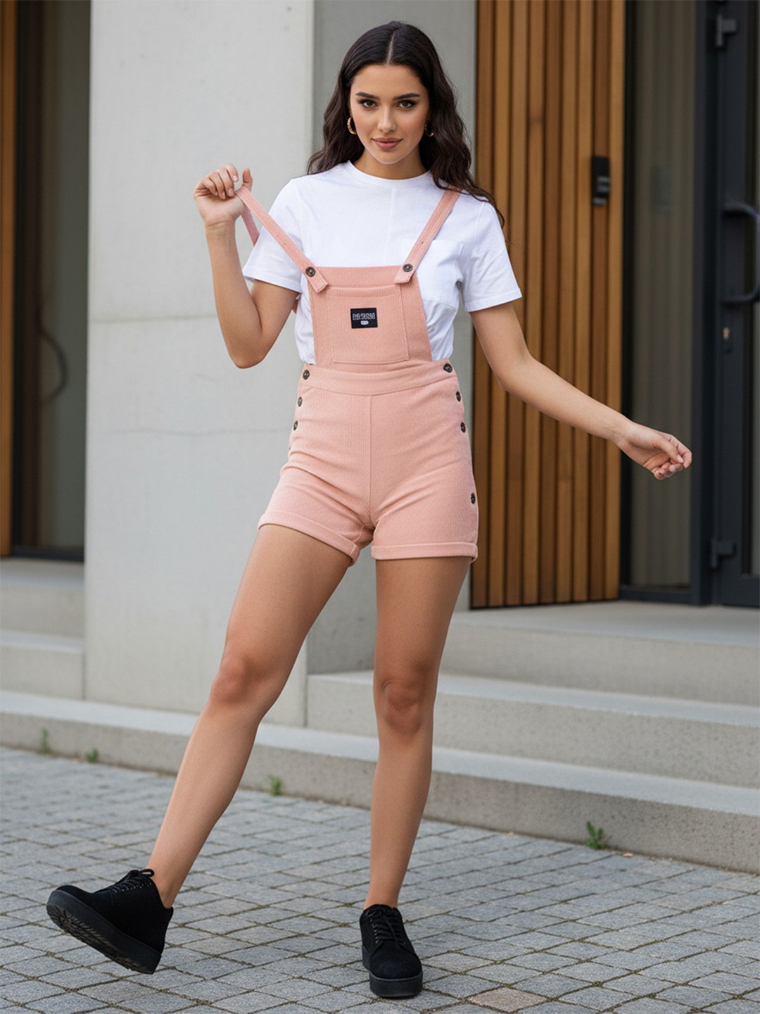 Freehand by The Indian Garage Co Peach-Coloured Ribbed Short Dungarees