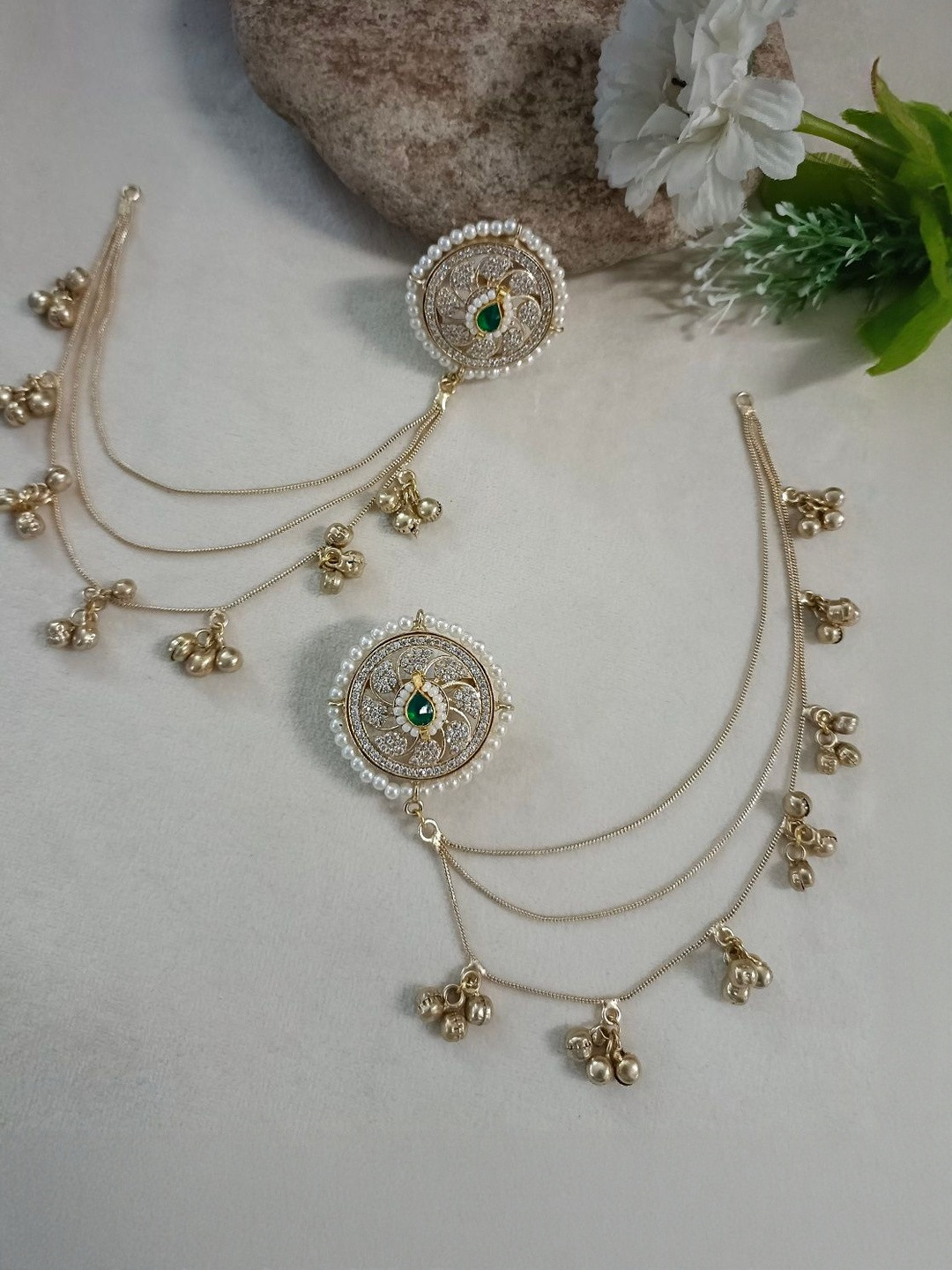 Sanjog Brass-Plated Kundan Studded & Artificial Beaded Circular Kashmiri Earchains