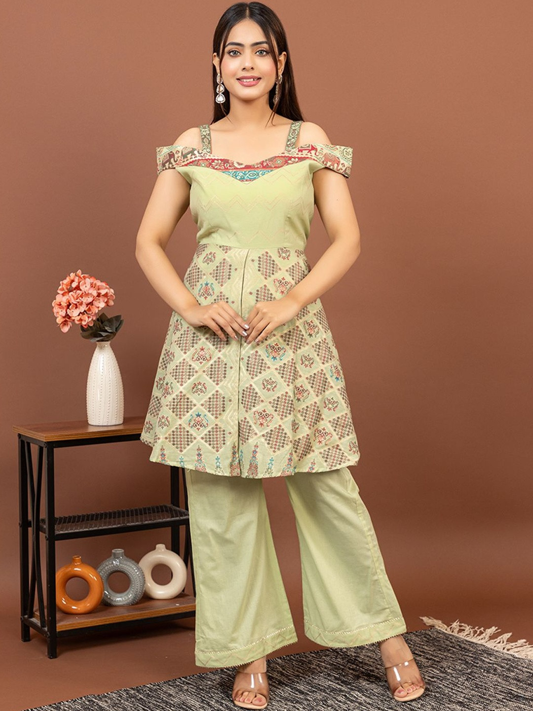 KIDAR Printed Off-Shoulder Tunic & Trouser Co-Ords Set