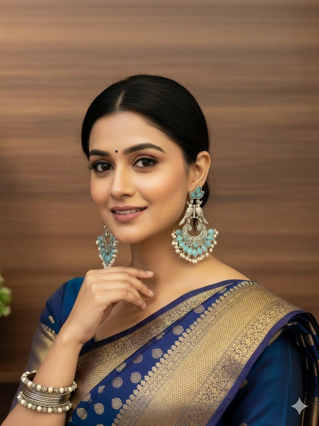 Jeweltos Silver-Plated Peacock Shaped Tourquise Stones & Pearl Drop Earrings