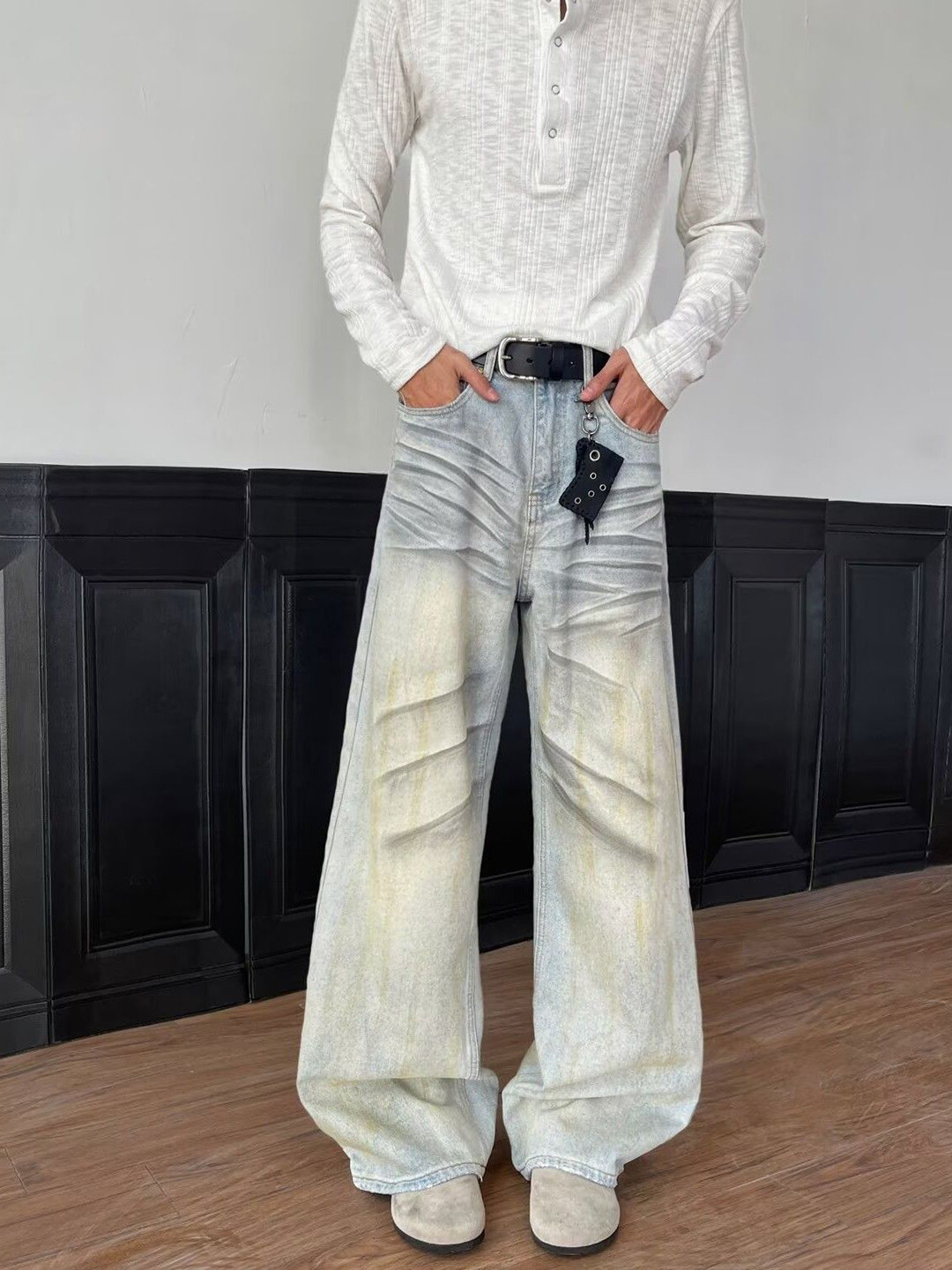 StyleCast Men Baggy Low-Rise Light Fade Jeans With 3D Wrinkle Effect