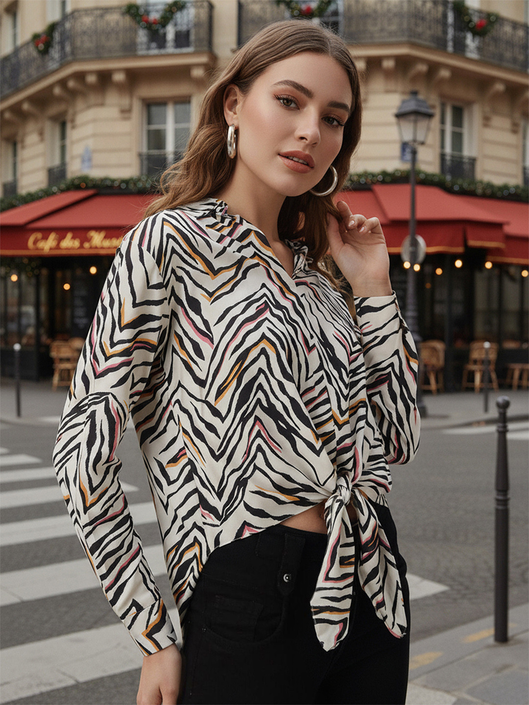 Freehand by The Indian Garage Co Off White  Black Abstract Printed Cuffed Sleeves Shirt Style Top