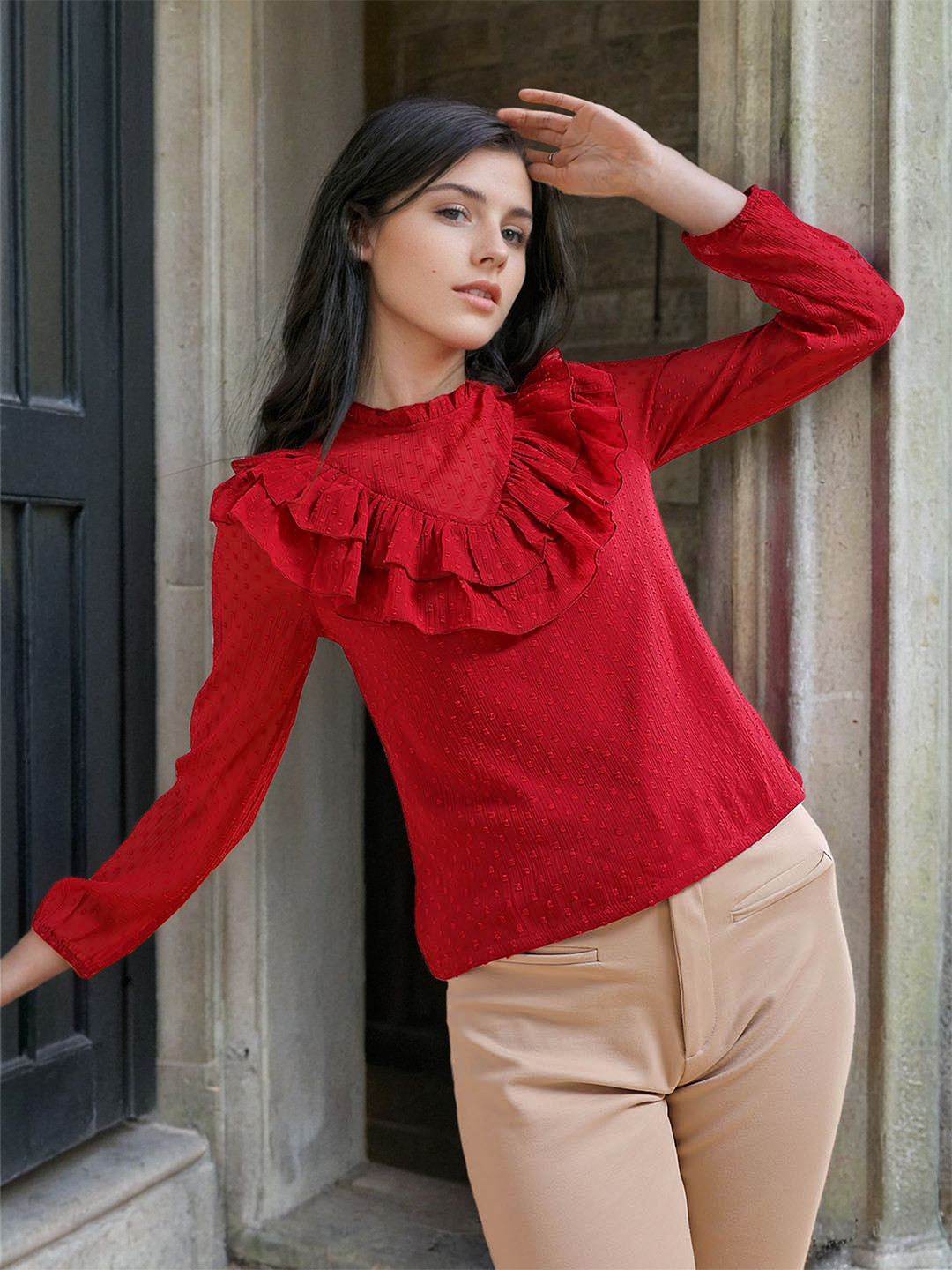 Freehand by The Indian Garage Co Self Design Ruffle Long Sleeves Top