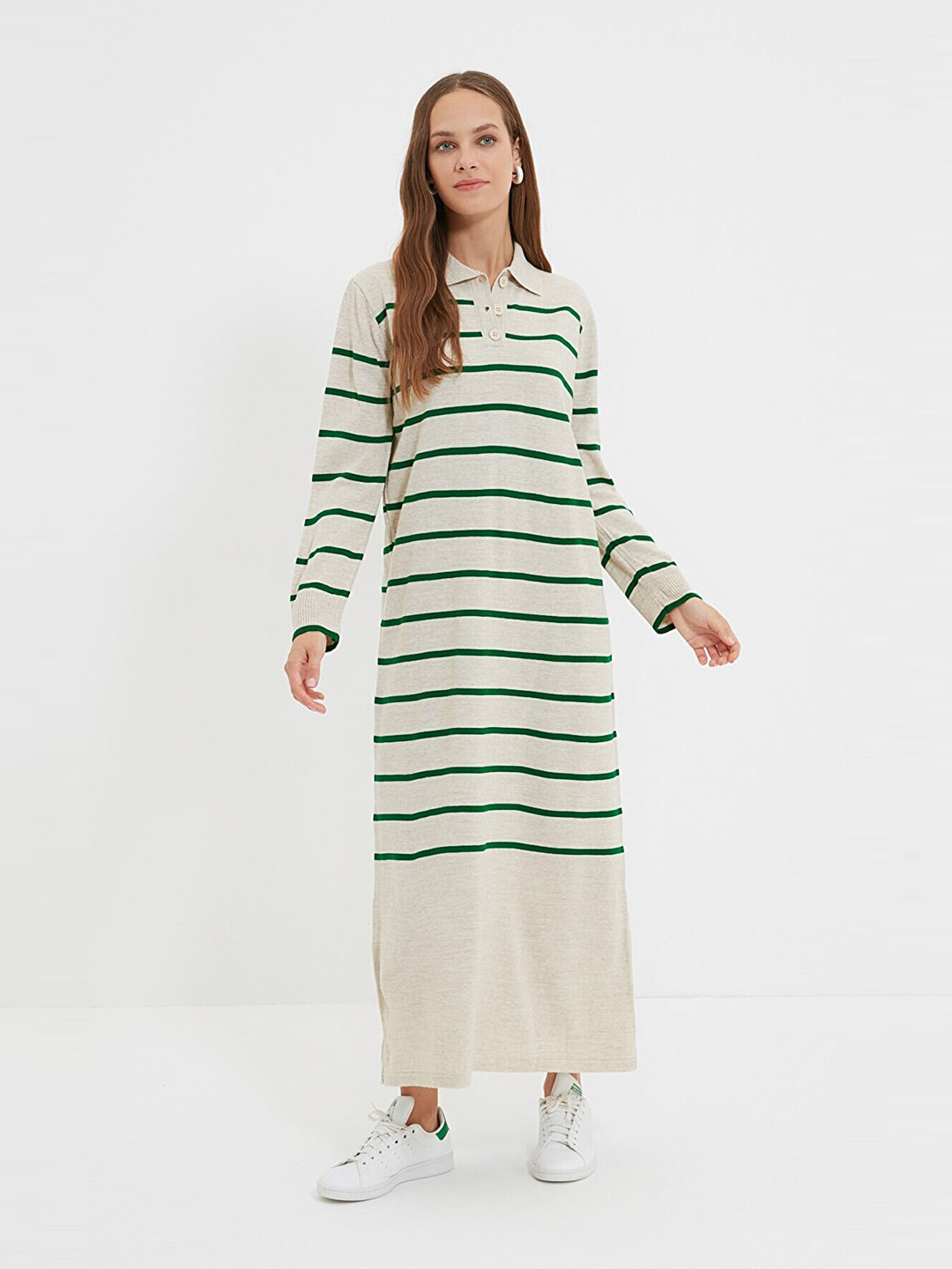 Trendyol Women Beige Striped Shirt Maxi Dress