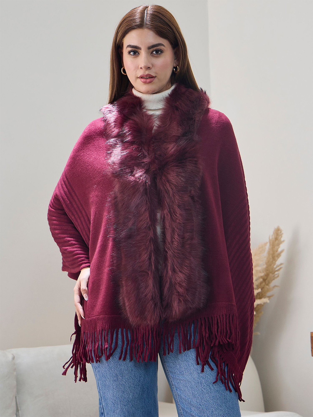 InWeave Women Shawl Collar Poncho with Fuzzy Detail