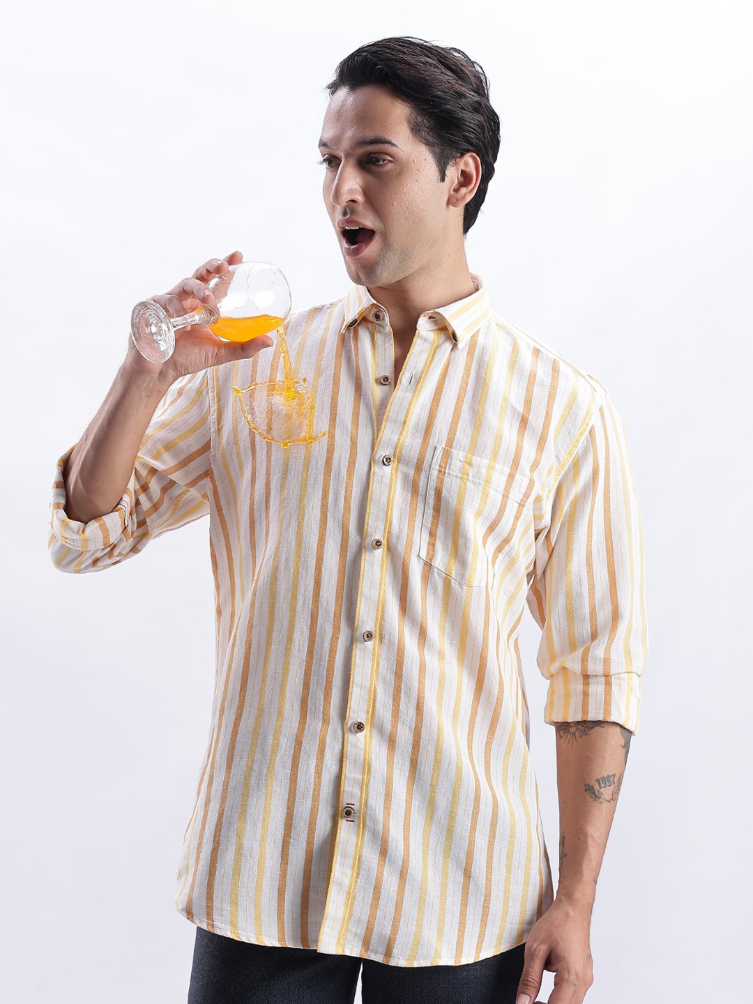 TURMS Men Stain And Water Repellent Anti Odor Button Down Collar Kansas Linen Stripe Shirt