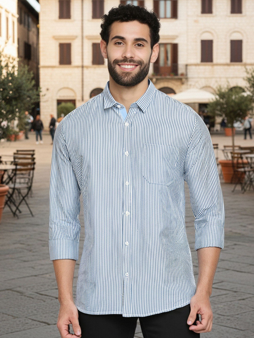 UNIQSOME Classic Striped Spread Collar Roll-Up Sleeves Cotton Shirt