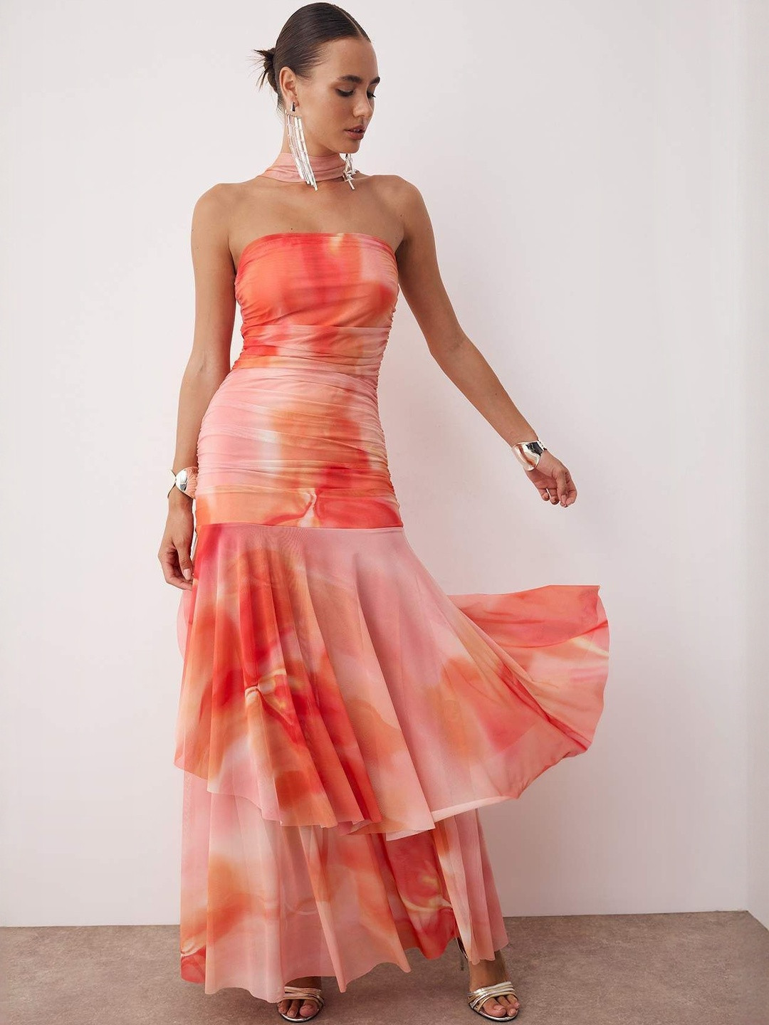 Trendyol Women Abstract Printed Strapless Layered Bandeau Maxi Dress with Scarf