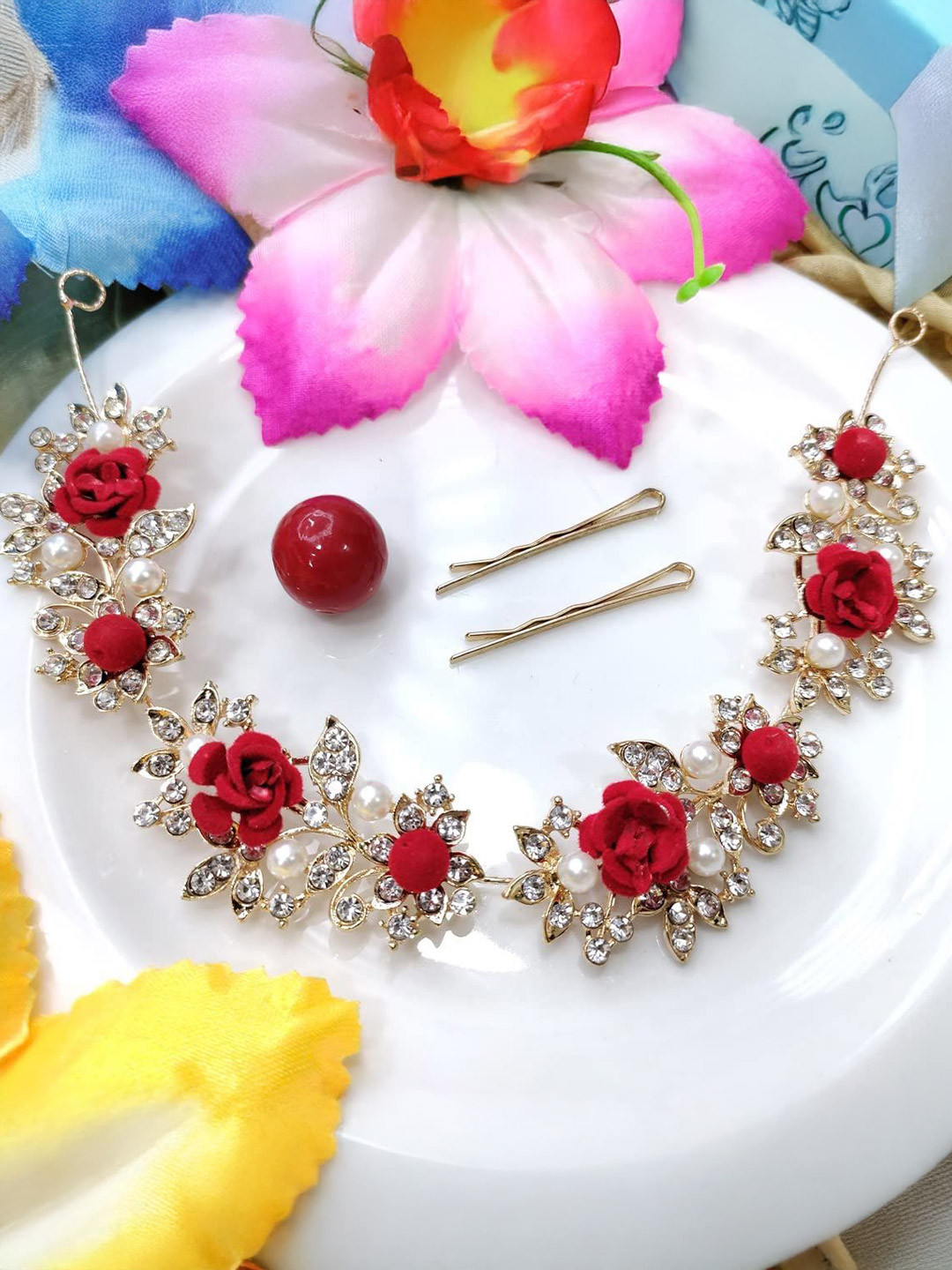BARAKATH Women Flower & Diamond Studded Hair Clip Tiara