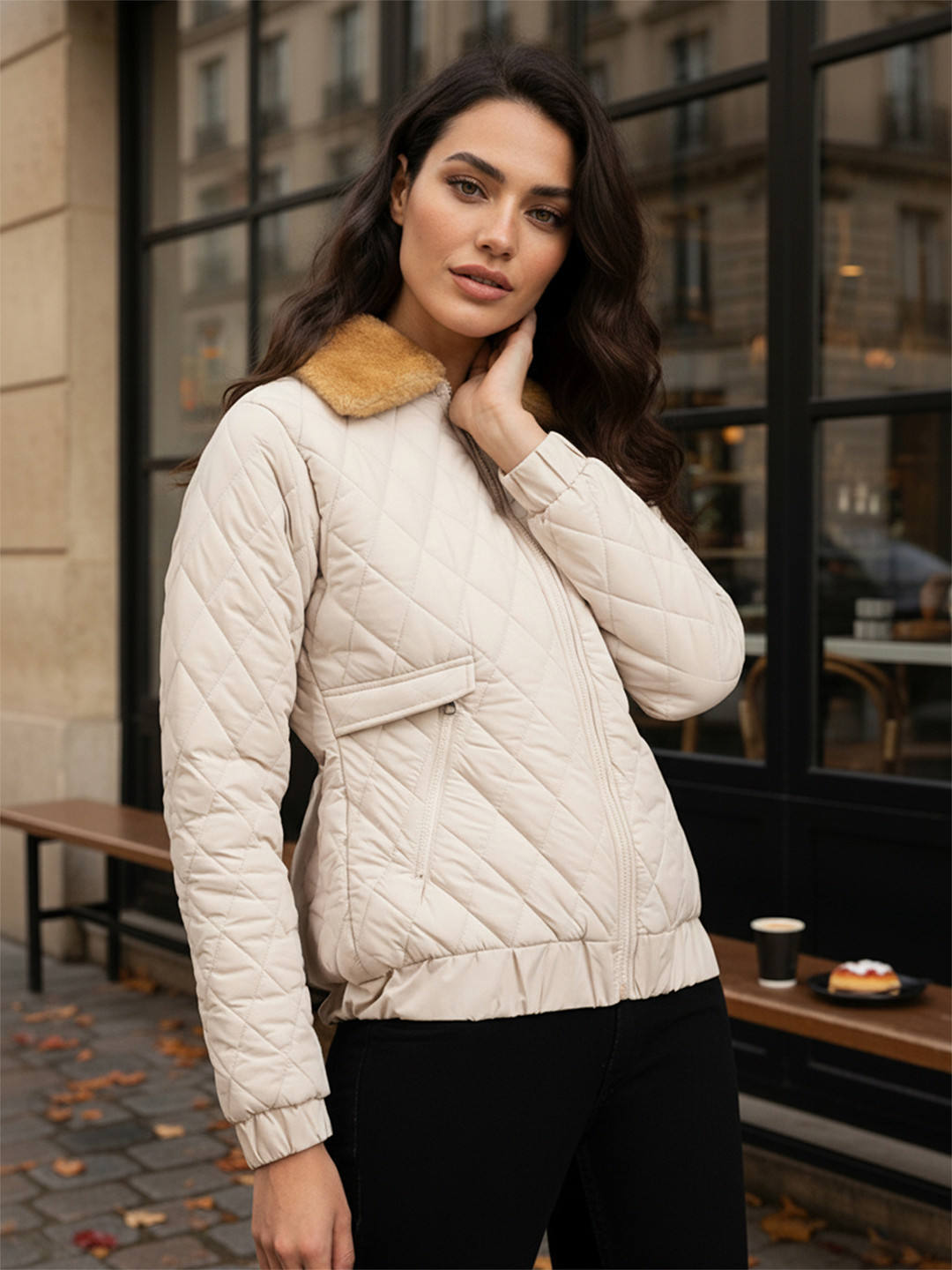 Freehand by The Indian Garage Co Spread Collar Quilted Jacket With Faux Fur Trim