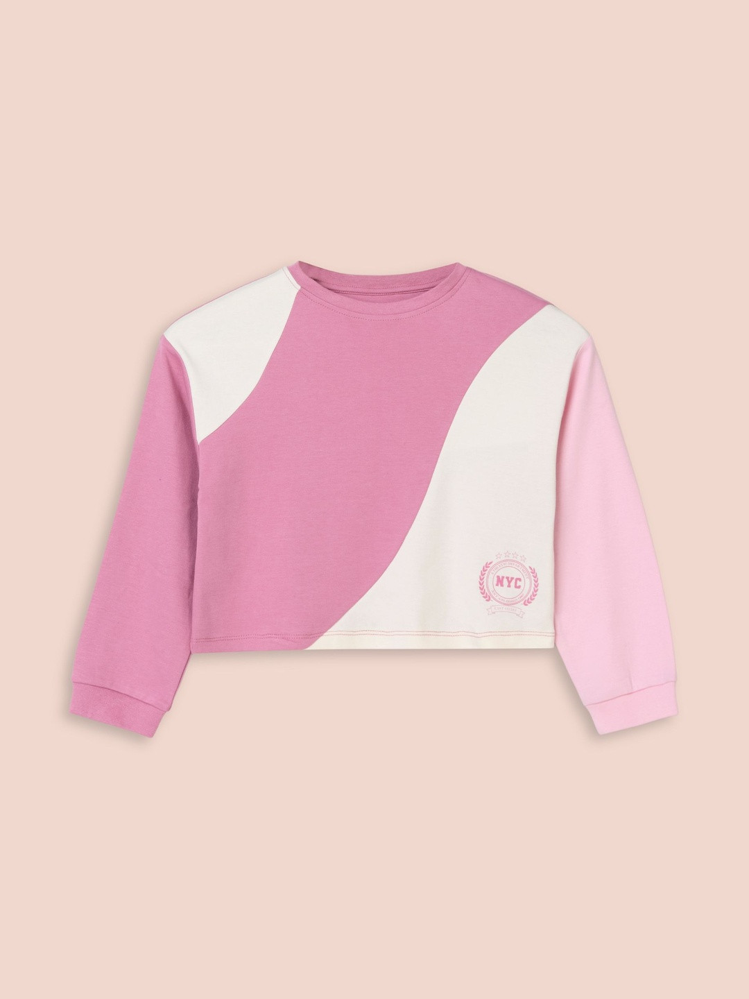 My Milestones Rose Chantilly Girls Colorblocked Round Neck Long Sleeves Top