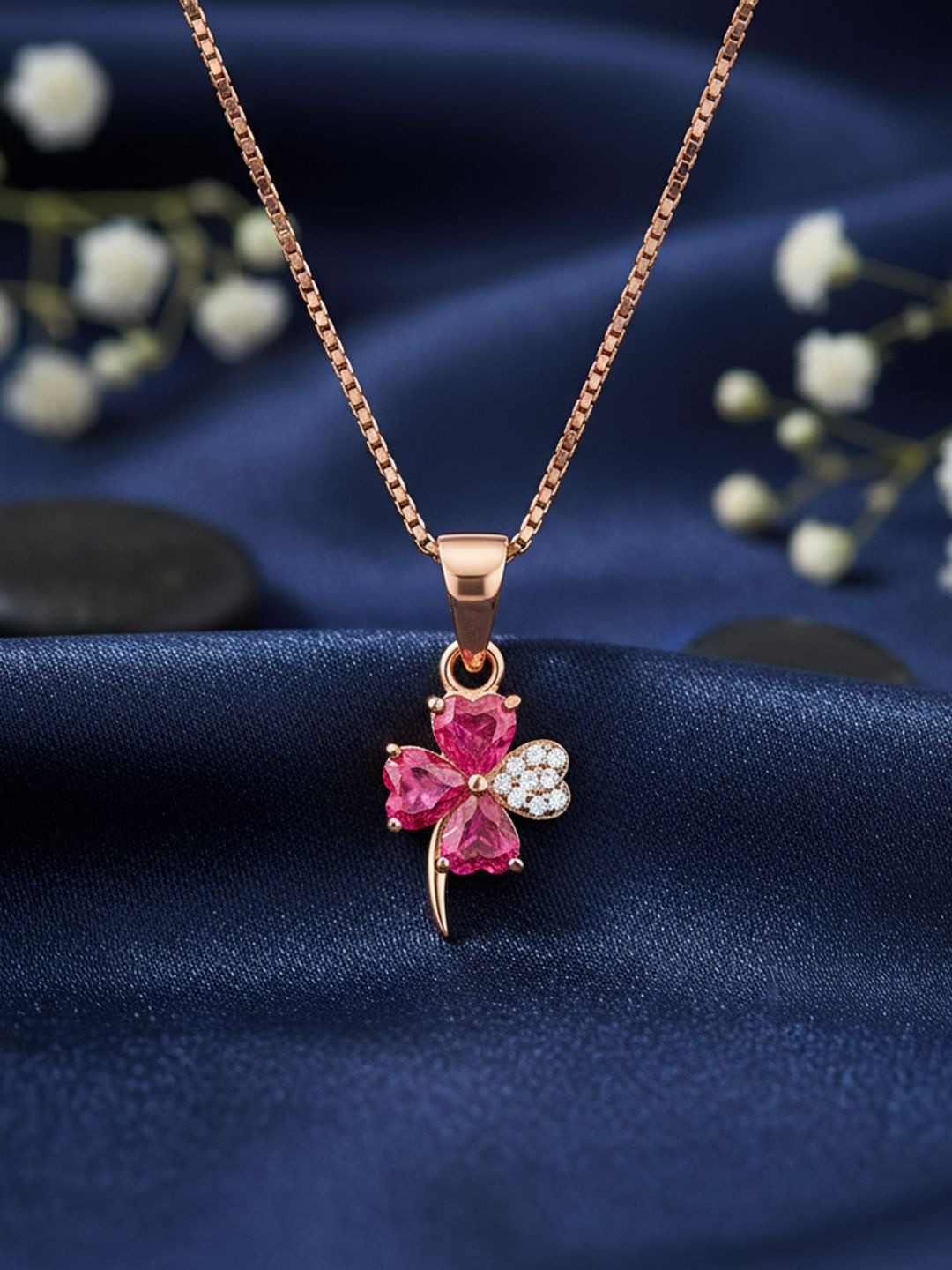 Zavya The Heart's Lucky Charm Sterling Silver Rose Gold-Plated CZ Studded Pendant & Chain