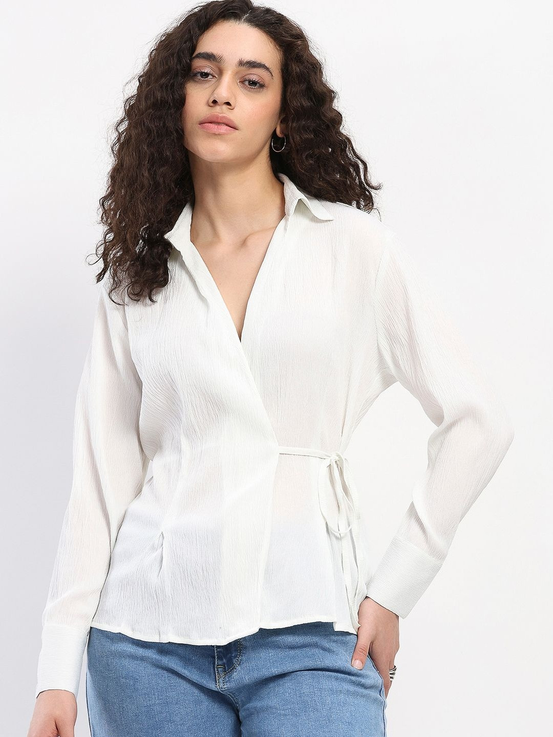 SZN Women White Textured Crepe Shirt Collar Wrap Top