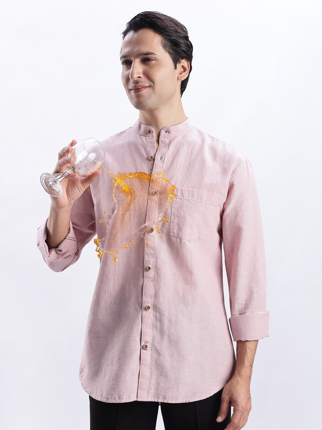 TURMS Men Stain And Water Repellent Anti Odor Mandarin Collar Kansas Linen Solid Shirt