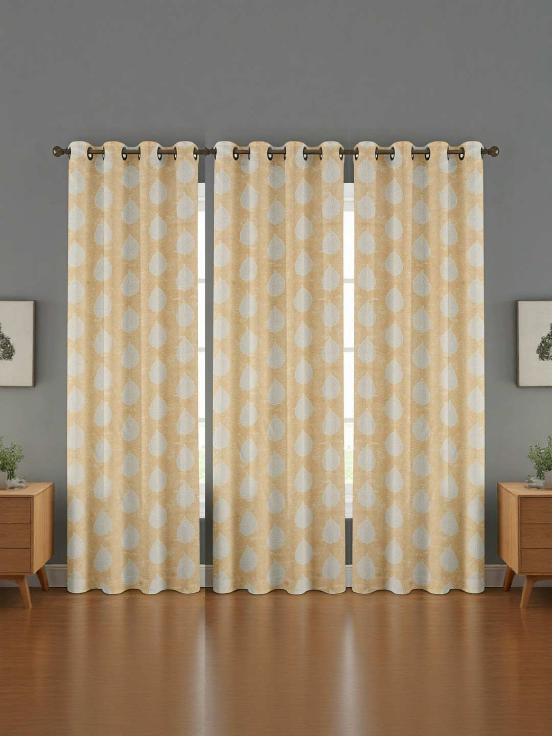 GEET CREATIONS Yellow Floral Fade Resistant 3 Pieces Window Eyelet Curtains