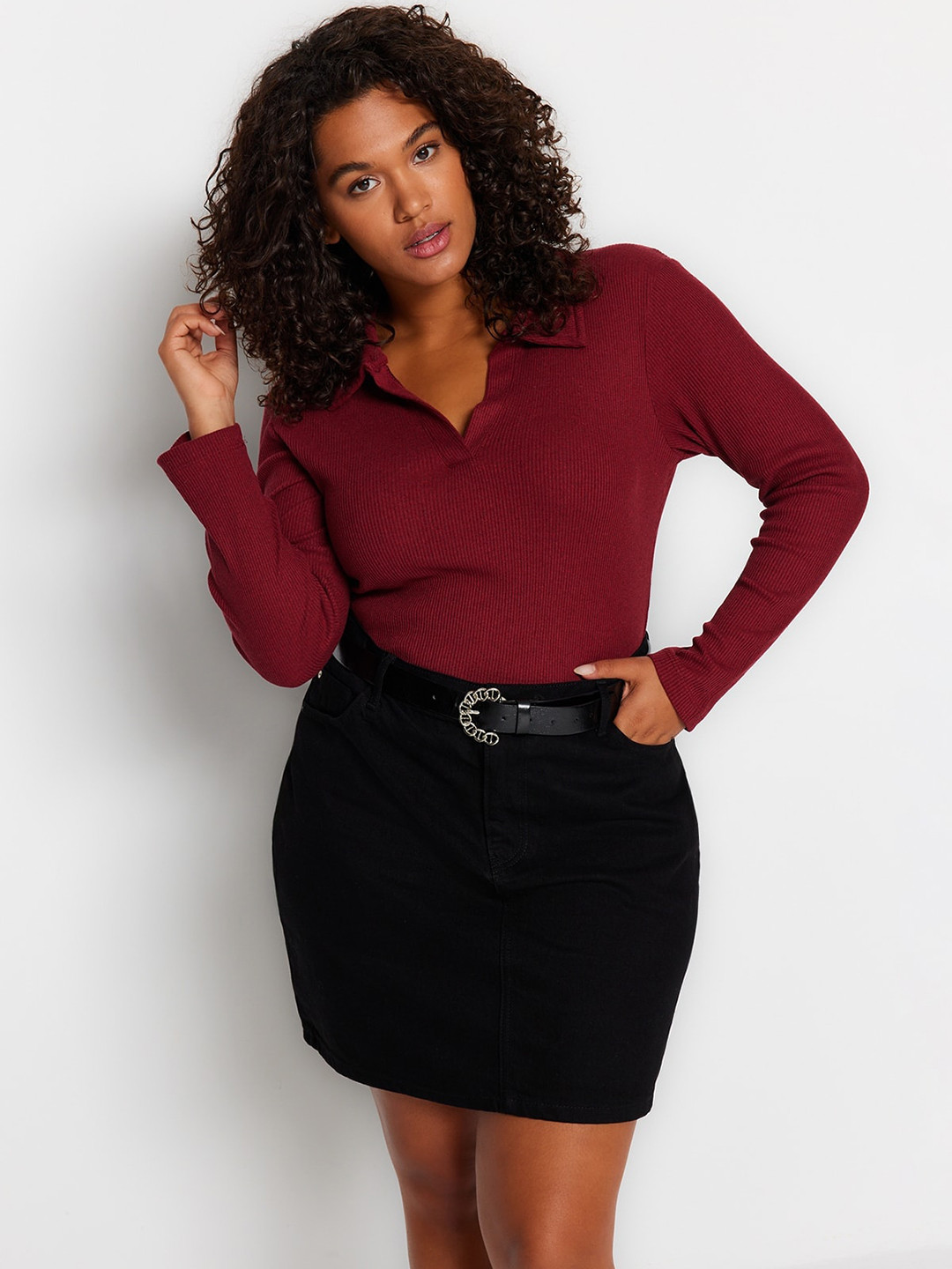 Trendyol Plus Size Ribbed Shirt Collar Bodysuit