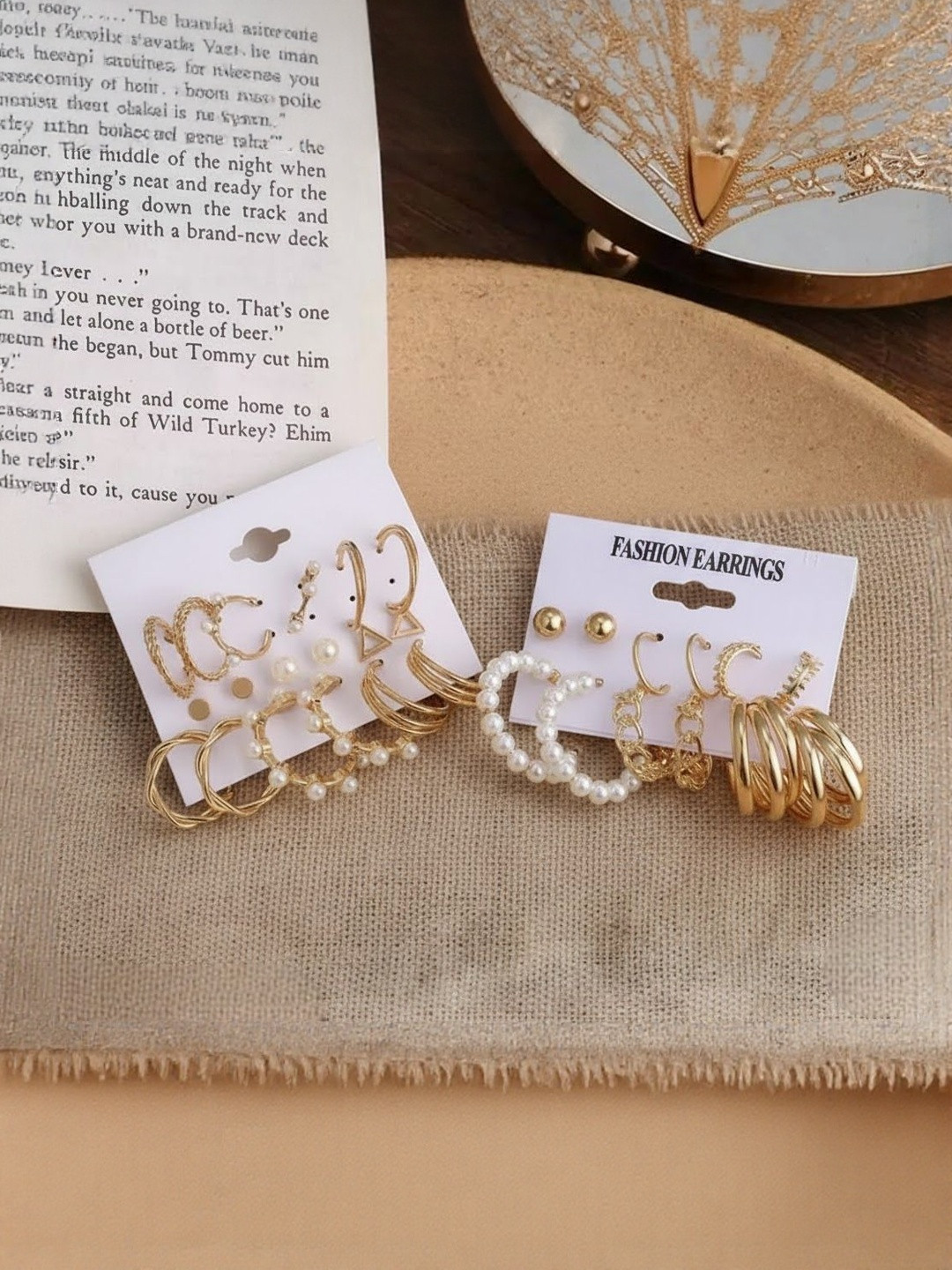 Zaphariq Set Of 15 Gold-Plated Artificial Stones Studded & Pearls Beaded Hoop Earrings