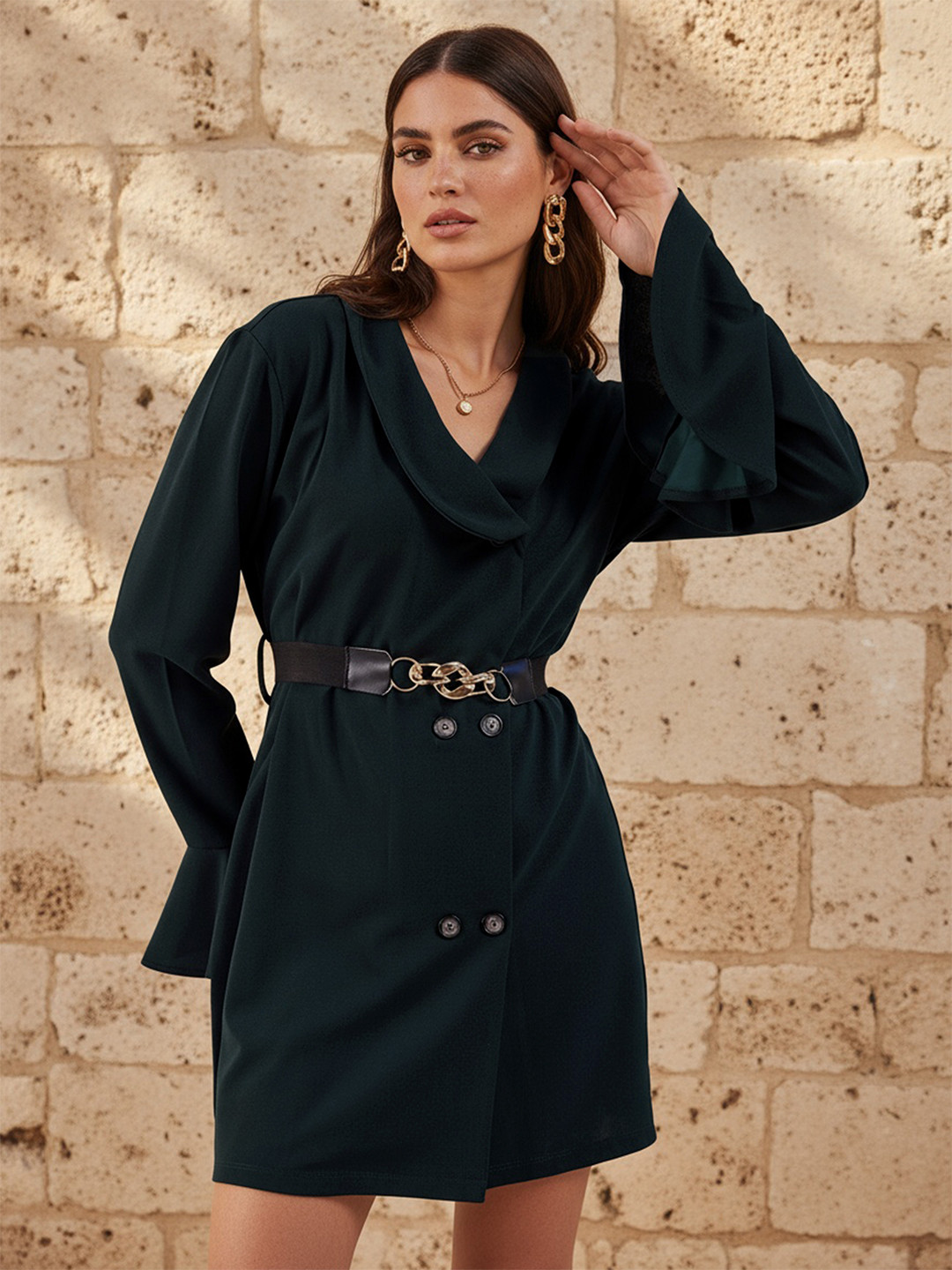 Freehand by The Indian Garage Co Green Shawl Collar Bell Sleeves Belted A-Line Mini Dress