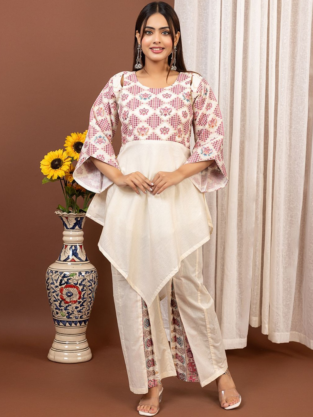 KIDAR Embroidered Round Neck Romantic Florals Tunic & Trousers