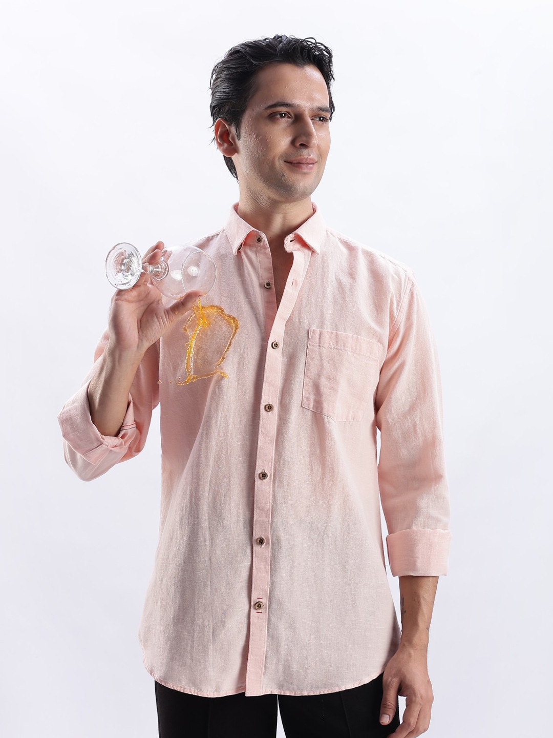 TURMS Men Stain And Water Repellent Anti Odor Button Down Collar Kansas Linen Solid Shirt