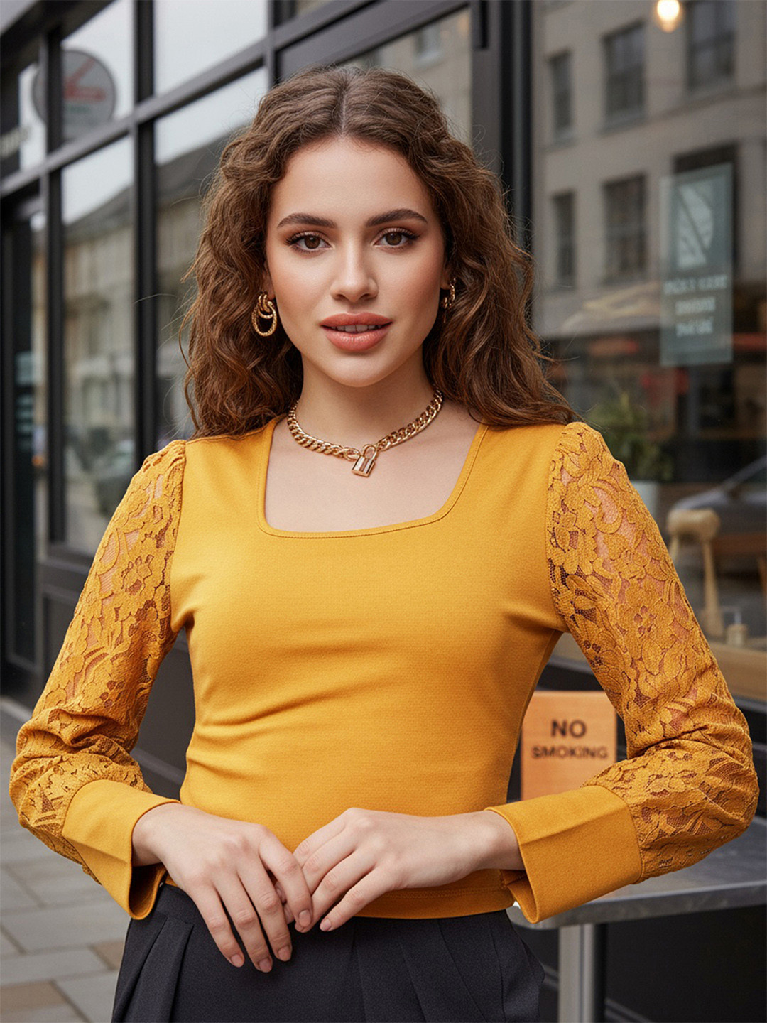 Freehand by The Indian Garage Co Yellow Self Designed Square Neck Cuffed Sleeves Crop Top