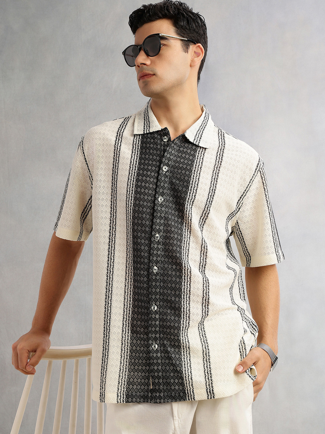 Thomas Scott Men Self Design Textured Regular Fit Semi-Sheer Casual Crochet Shirt