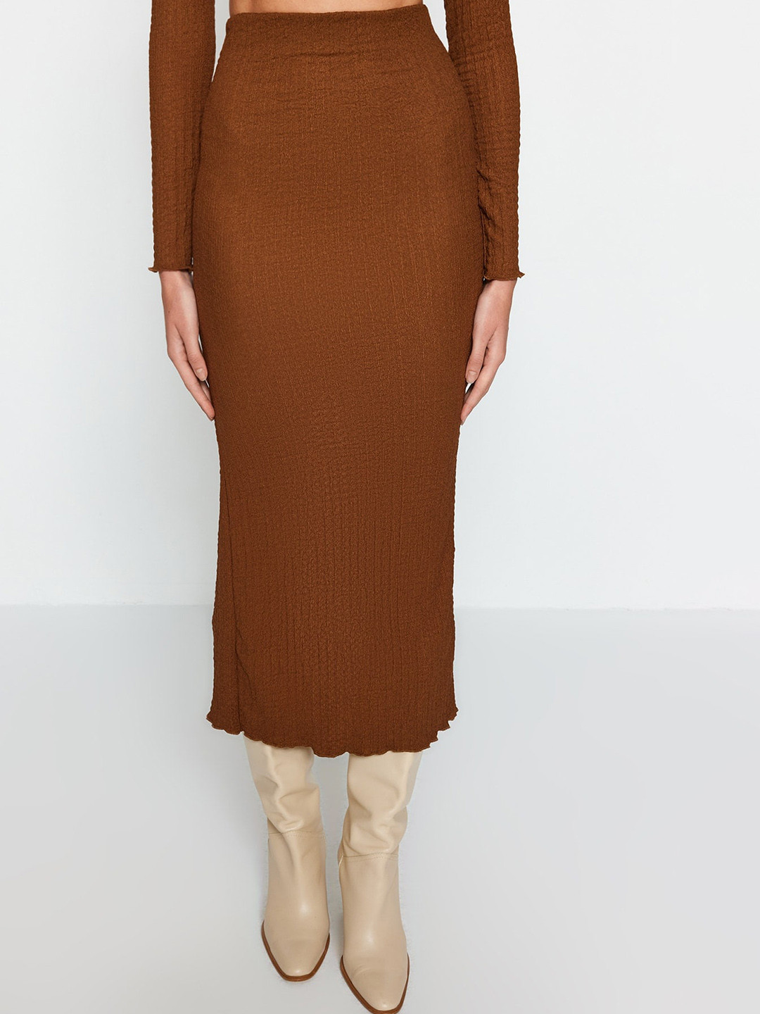 Trendyol Self Design Seersucker Crop Shirt With Pencil Skirt