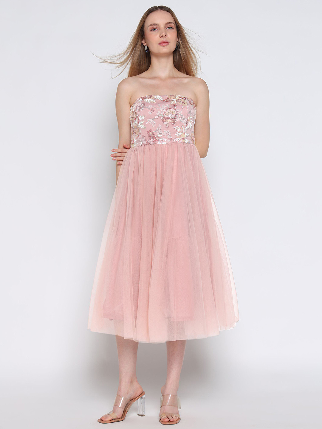 COVER STORY Floral Embroidered Strapless Tulle Fit & Flare Midi Dress