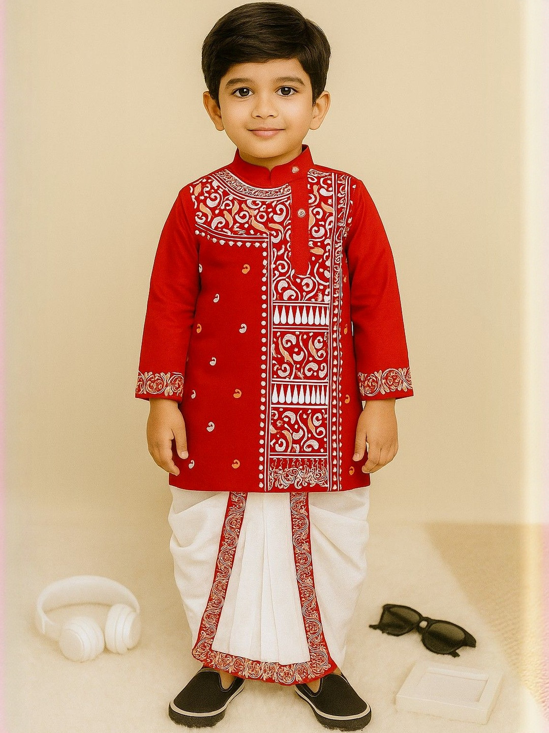 HUMAN CHOICE Boys Ethnic Motifs Printed Thread Work Pure Cotton Kurta With Dhoti Pants